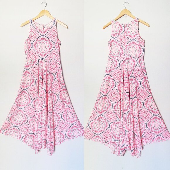 SUNDANCE Sleeveless Midi Dress 2 Powder Pink Blue Boho Print Sharkbite Hem Soft - Picture 10 of 11